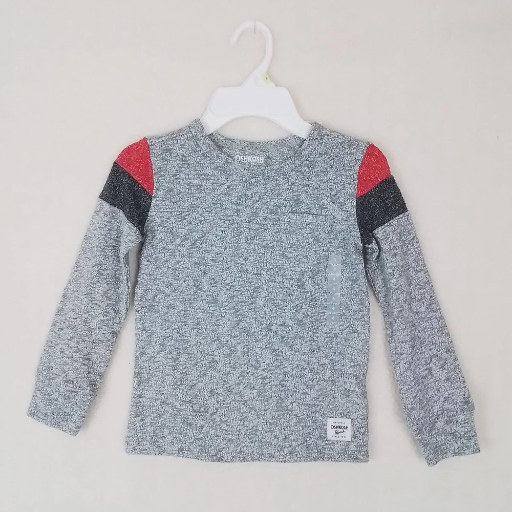 OshKosh Long Sleeve Knit Tee‎ T-Shirt Size 4 in Heathered Gray w/ Red